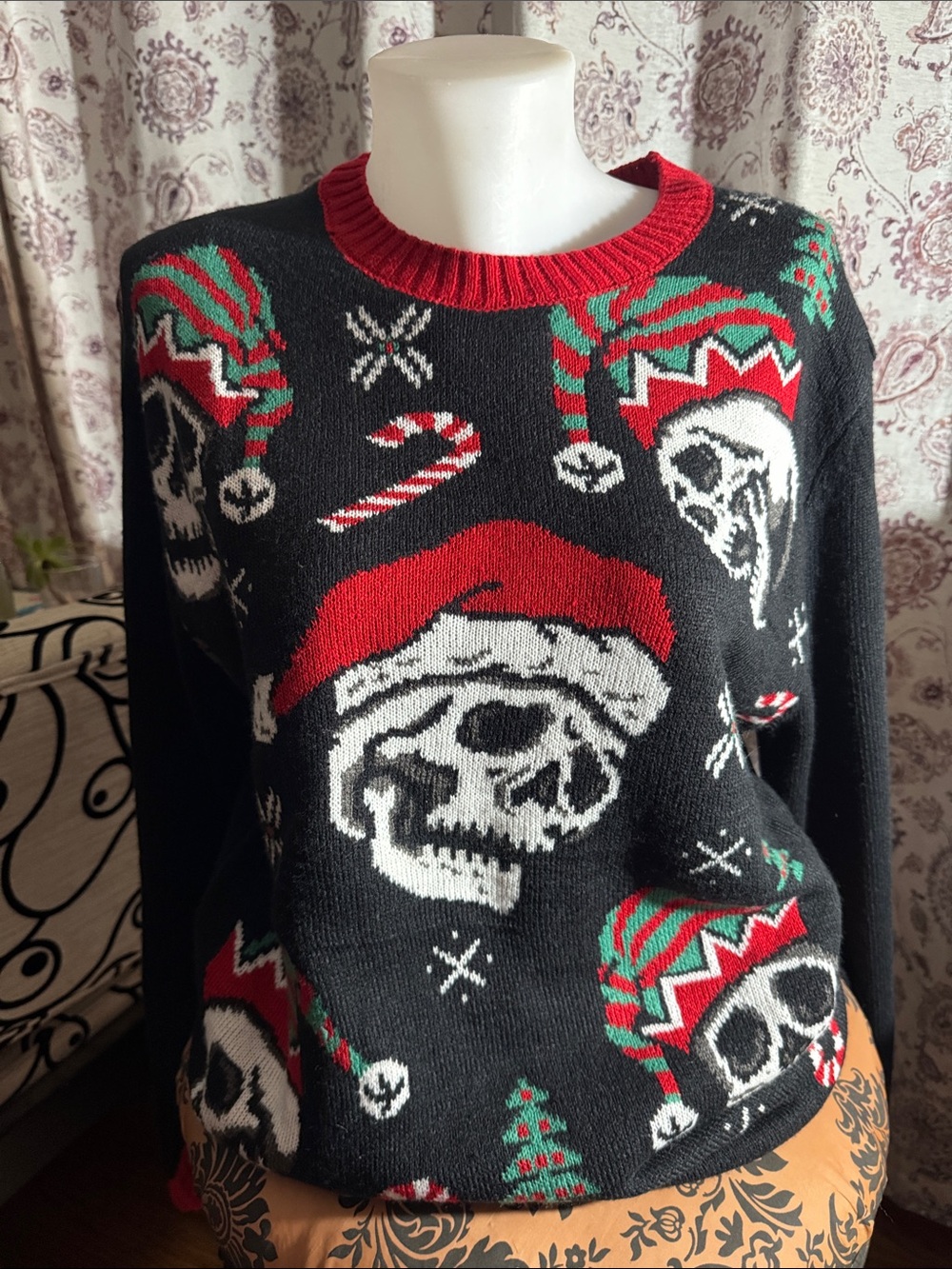 Men's Black Skull Holiday Crewneck Sweater with Red & Green Accents